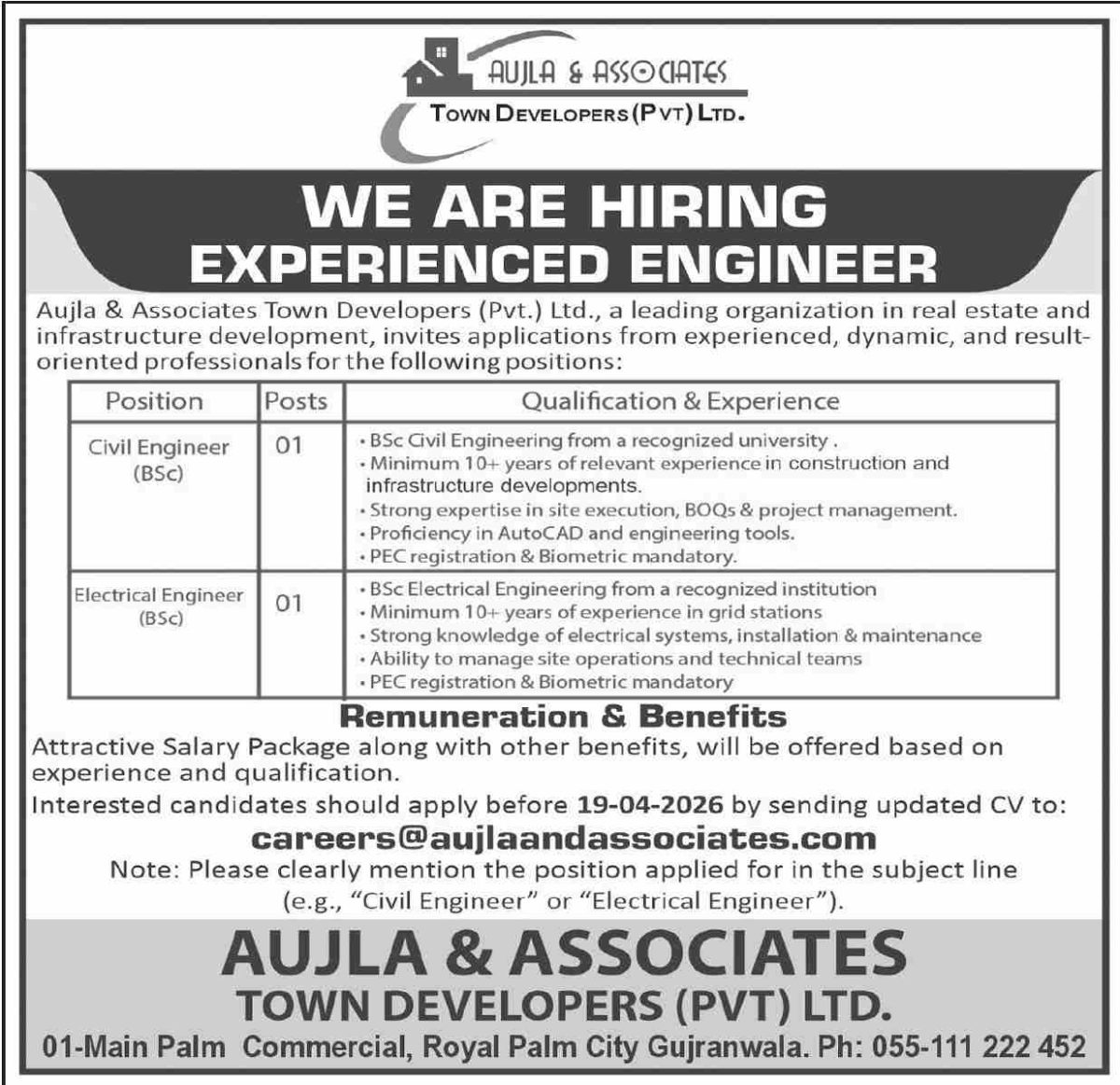 Aujla & Associates Town Developers Pvt Ltd Jobs 05 April 2026 Dawn 1