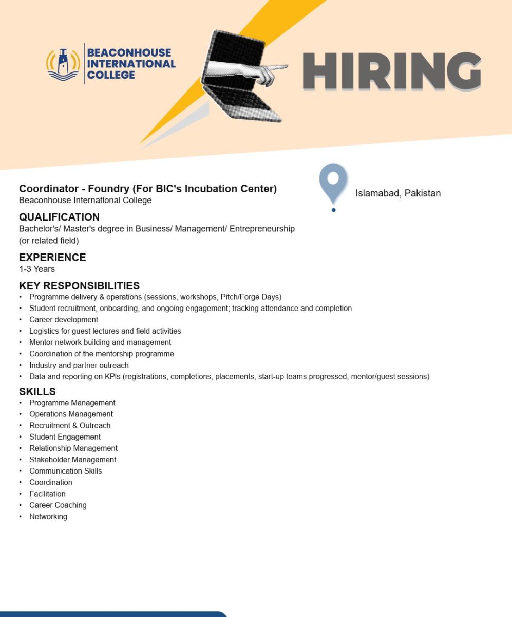 Beaconhouse International College (BIC) Jobs Coordinator Foundry 1