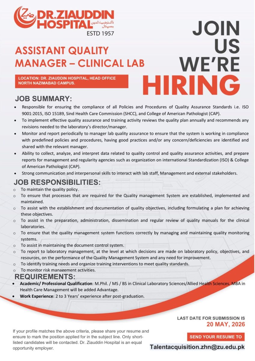 Dr Ziauddin Hospital Jobs Assistant Quality Manager  1