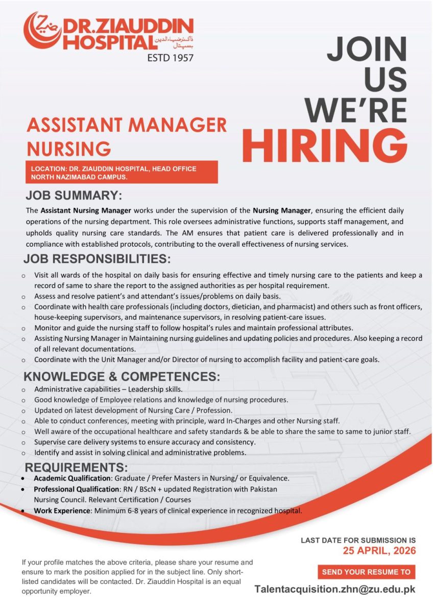 Dr Ziauddin Hospital Jobs Assistant Manager Nursing 1