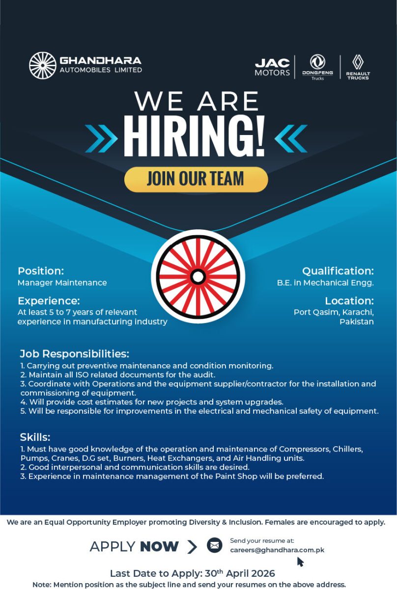 Ghandhara Automobiles Limited Jobs Manager Maintenance  1