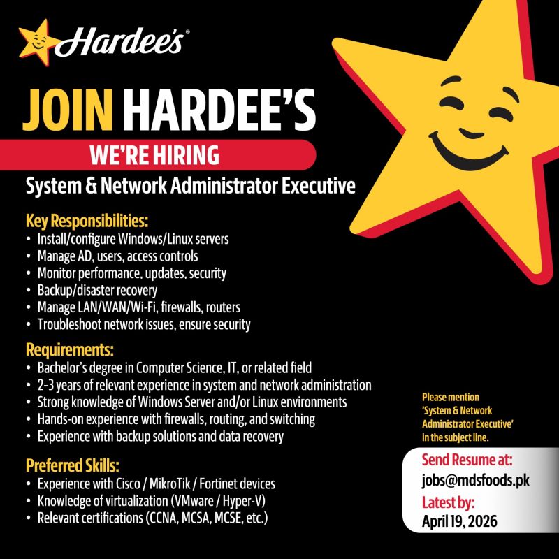 Hardees Pakistan Jobs System & Network Administrator Executive 1