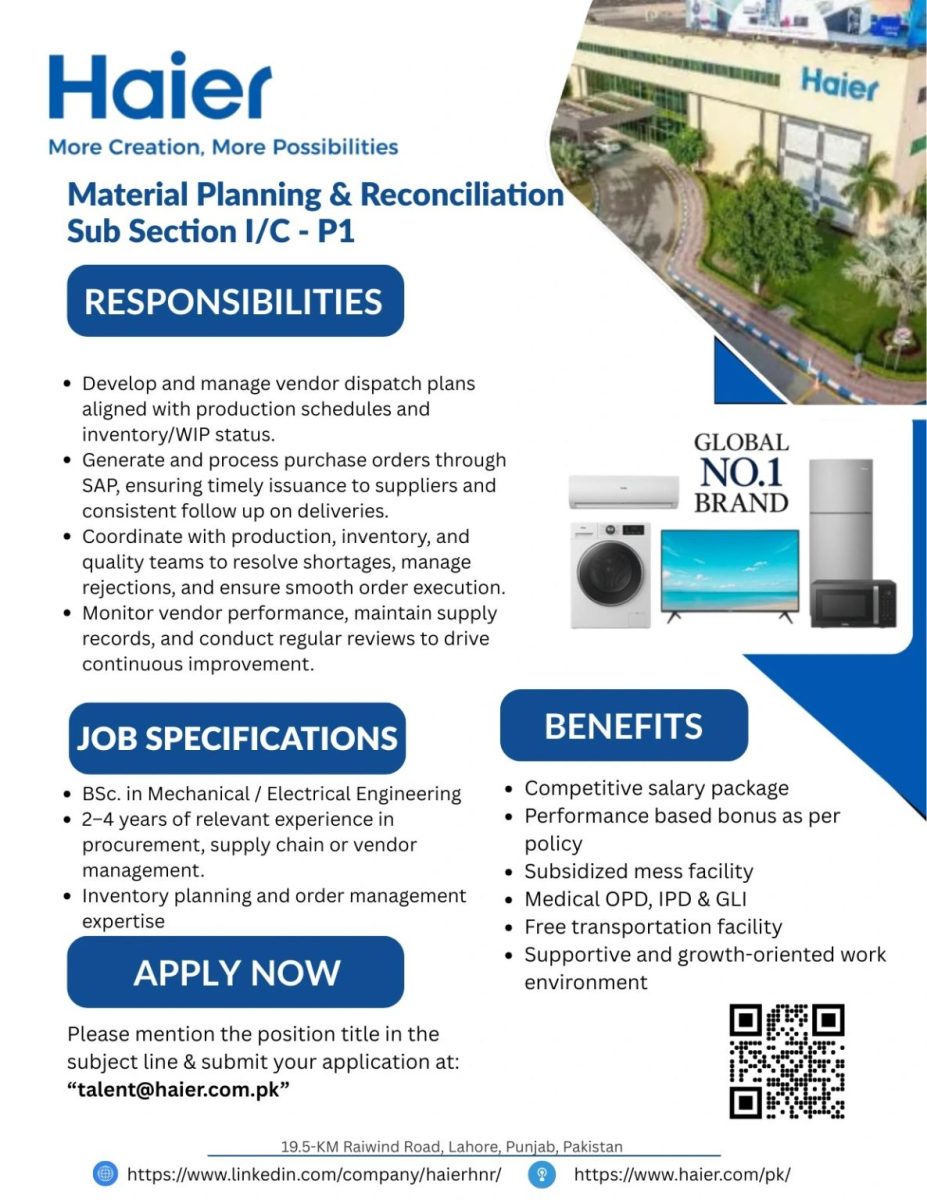 Haier Pakistan Jobs Material Planning & Reconciliation Sub Sec I/C P1 1