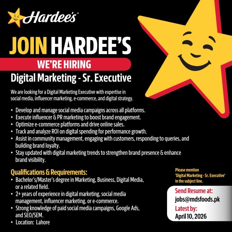 Hardees Pakistan Jobs Senior Executive (Digital Marketing) 1