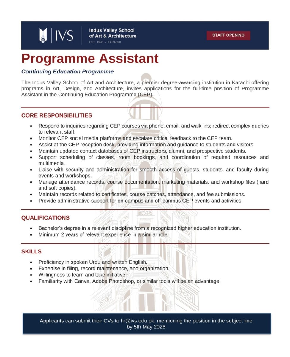 Indus Valley School of Art & Architecture Jobs Programme Assistant 1