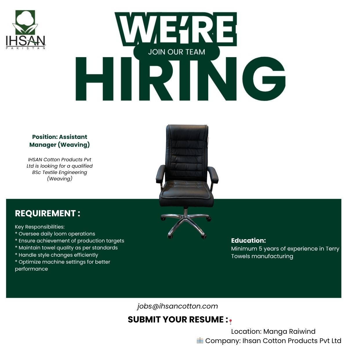 Ihsan Cotton Products Pvt Ltd Jobs Assistant Manager (Weaving) 1
