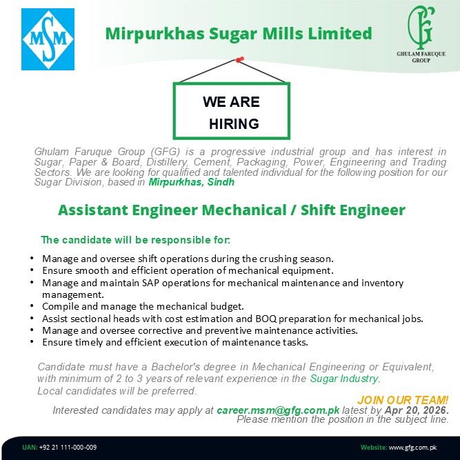 Mirpurkhas Sugar Mills Limited Jobs Assistant Engineer Mechanical / Shift Engineer 1