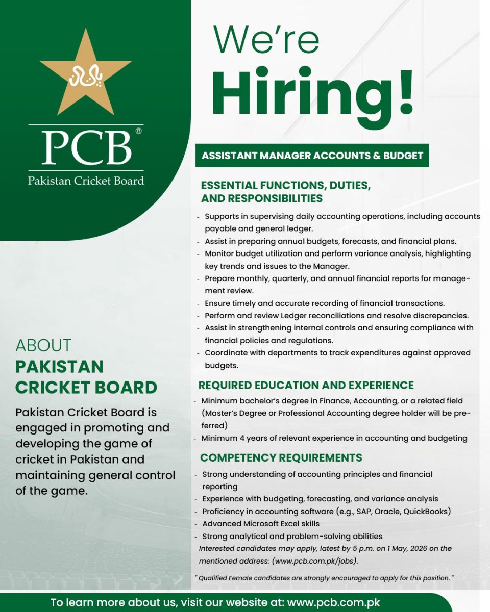 Pakistan Cricket Board PCB Jobs Assistant Manager Accounts & Budget  1