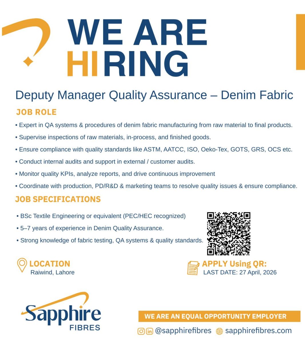 Sapphire Fibres Limited Jobs Deputy Manager Quality Assurance 1