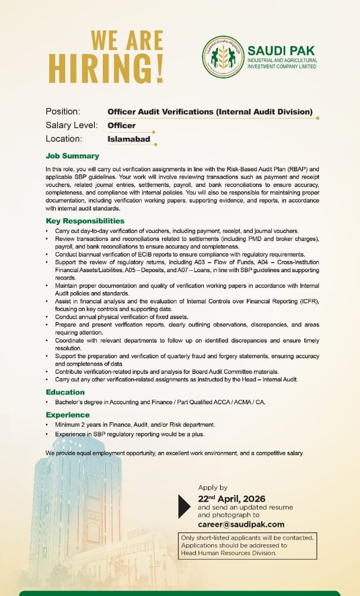 Saudi Pak Industrial & Agricultural Investment Company Limited Jobs Officer Audit Verifications 1
