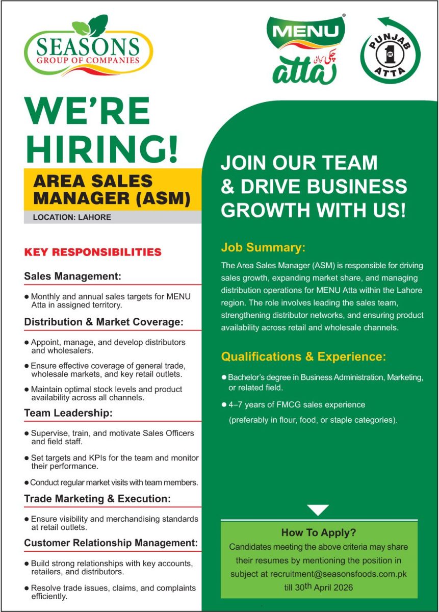 Seasons Group of Companies Jobs Area Sales Manager (ASM) 1