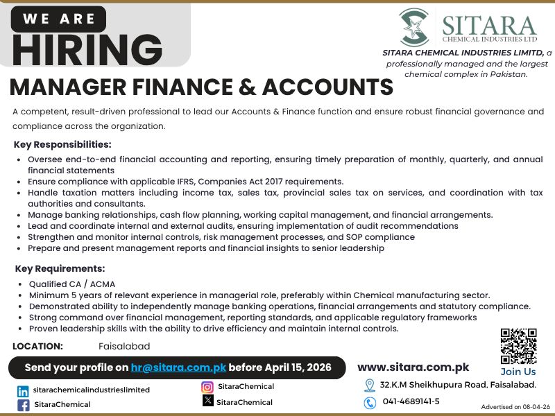 Sitara Chemical Industries Limited Jobs Manager Finance & Accounts 1
