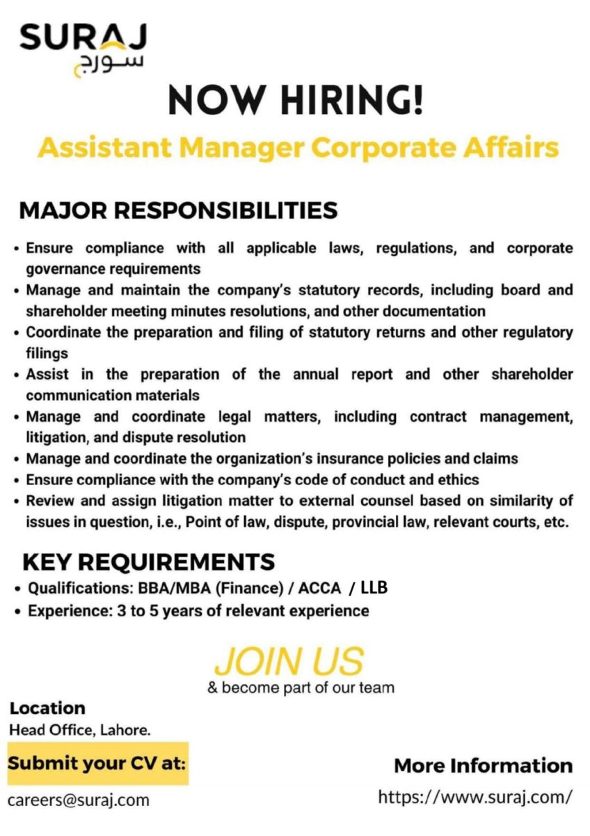 Suraj Cotton Mills Limited Jobs Assistant Manager Corporate Affairs  1