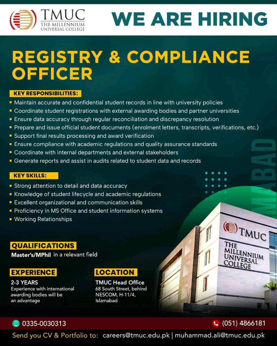 TMUC (The Millennium Universal College) Jobs Registry & Compliance Officer 1