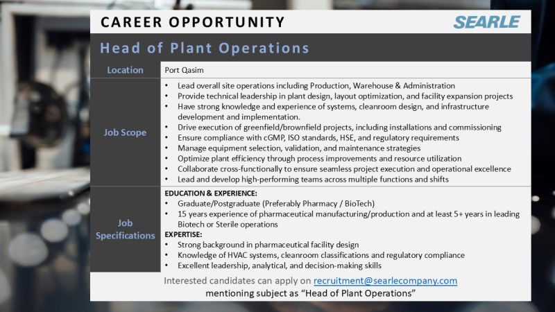 The SEARLE Company Jobs Head of Plant Operations 1