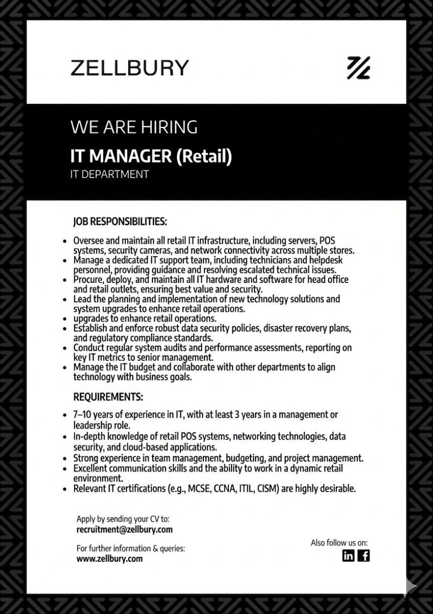 Zellbury Pakistan Jobs IT Manager Retail 1