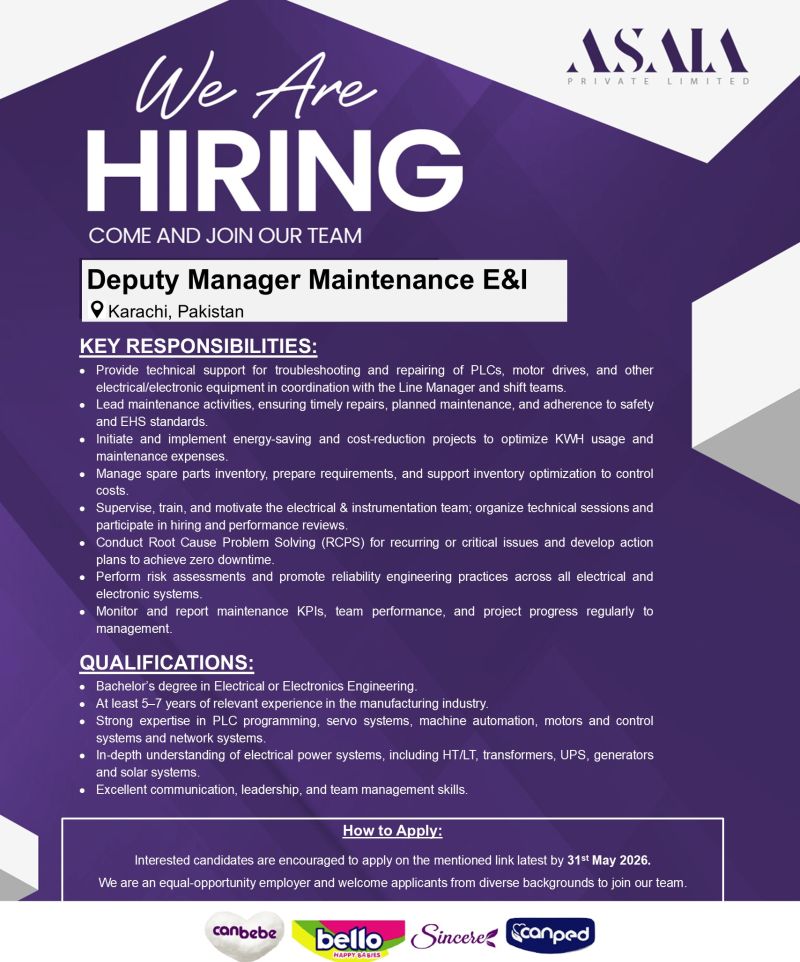 ASAIA Pvt Ltd Jobs Deputy Manager Electrical & Instrumentation (E&I) 1