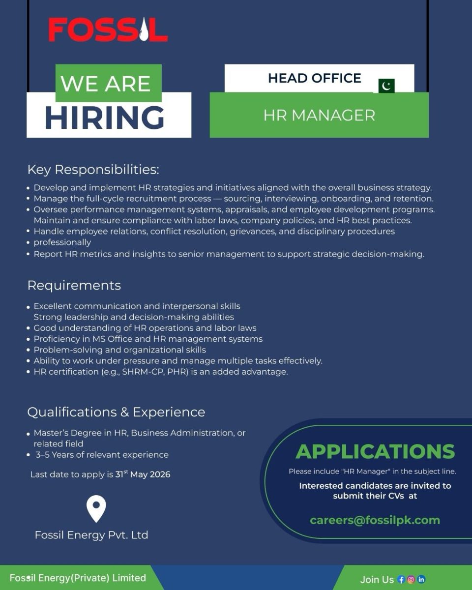 Fossil Energy (Private) Limited Jobs HR Manager 1