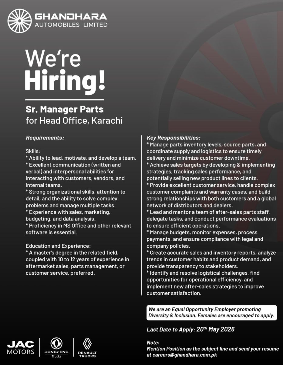 Ghandhara Automobiles Limited Jobs Sr Manager Parts  1