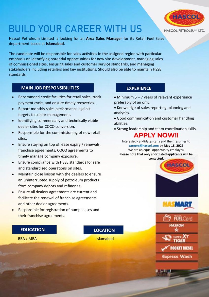 Hascol Petroleum Limited Jobs Area Sales Manager  1