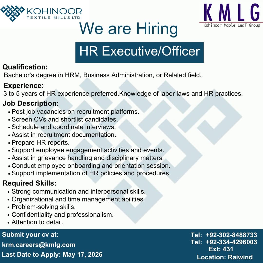 Kohinoor Textile Mills Ltd Jobs HR Executive/Officer 1