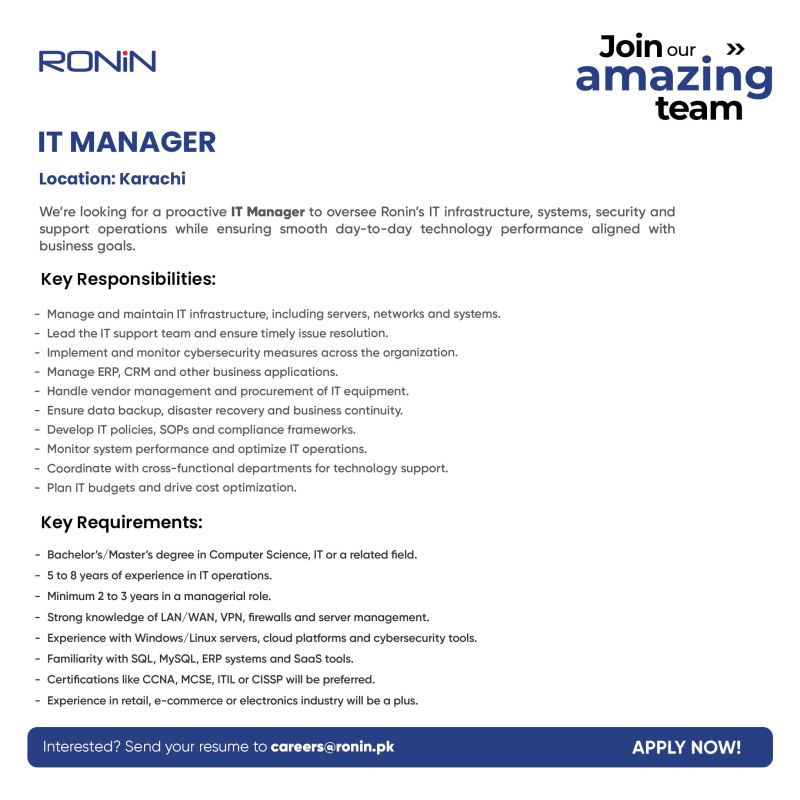 Ronin Pakistan Jobs IT Manager 1