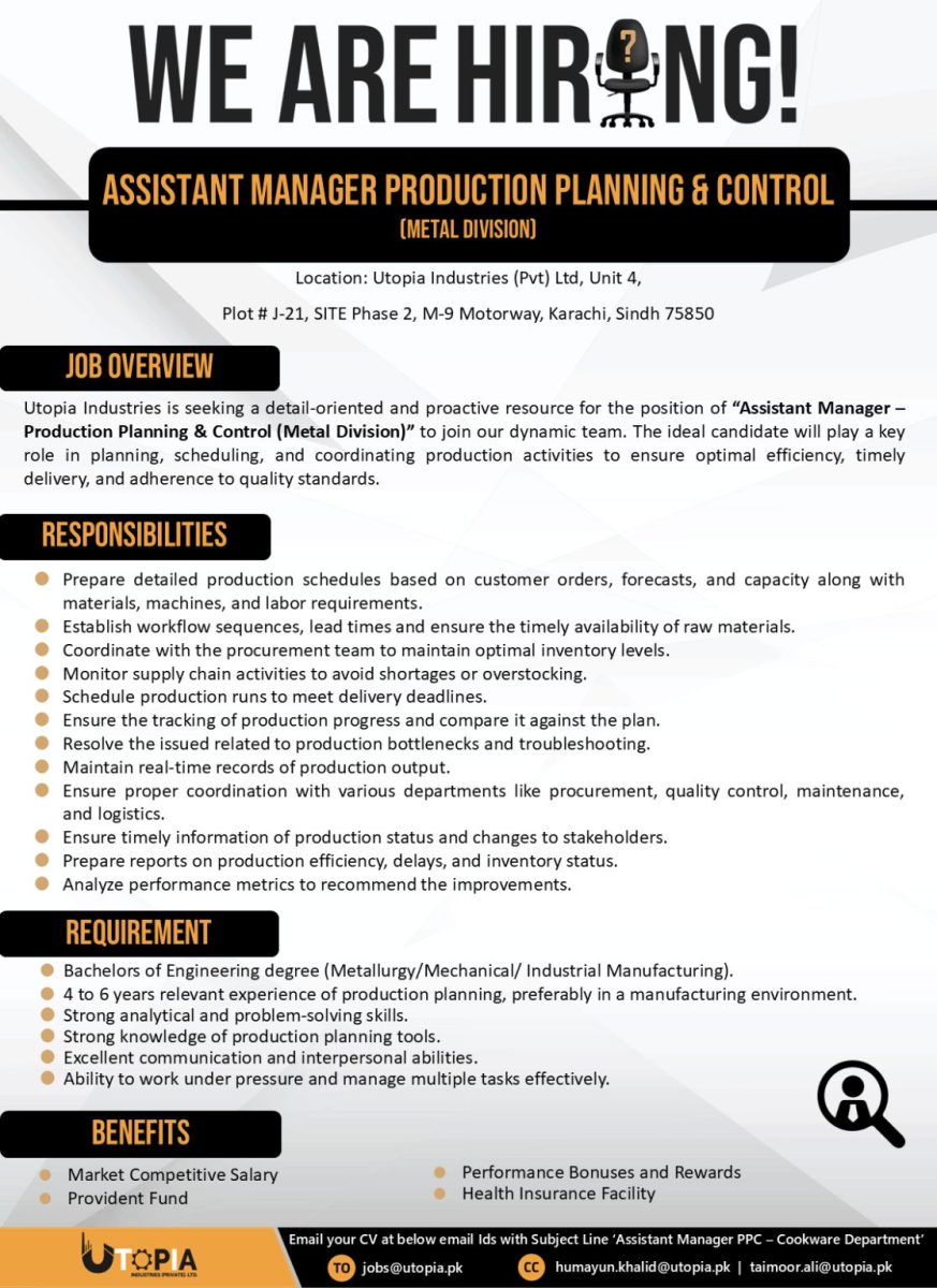 Utopia Industries Pvt Ltd Jobs Assistant Manager Production Planning & Control 1