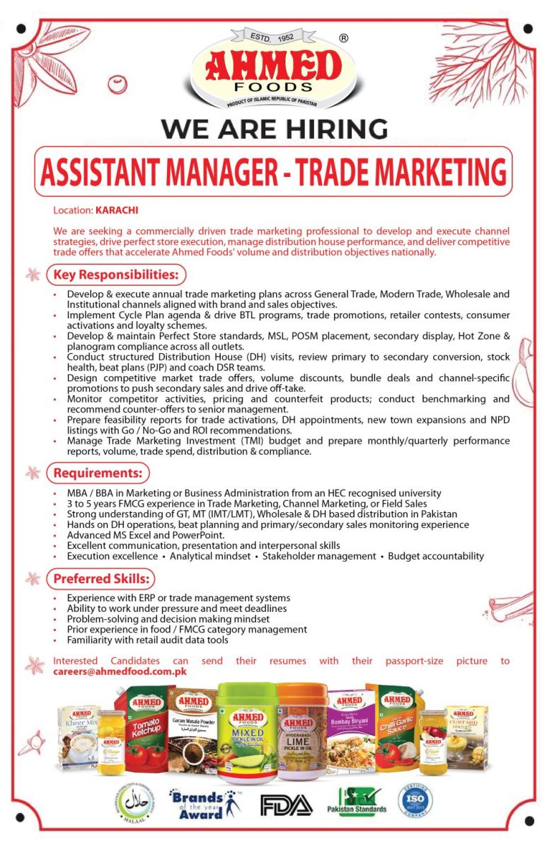 Ahmed Foods Pvt Ltd Jobs Assistant Manager Trade Marketing 1