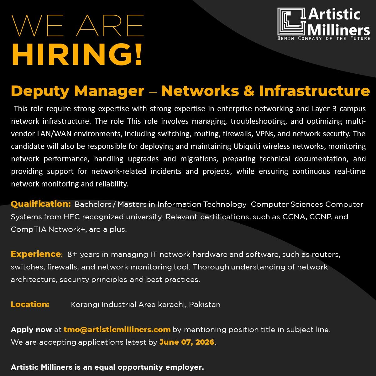 Artistic Milliners Pvt Ltd Jobs Deputy Manager Networks & Infrastructure 1