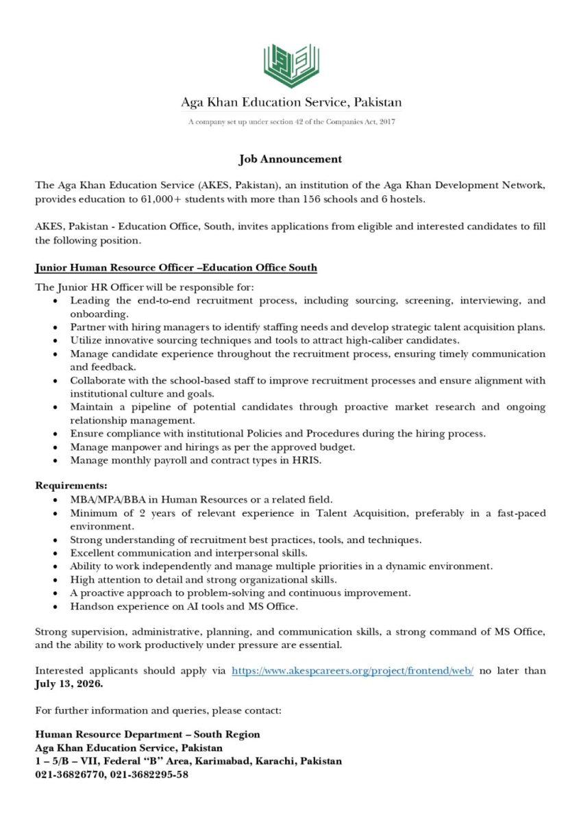 The Aga Khan Education Service (AKES Pakistan) Jobs Junior Human Resource Officer 1