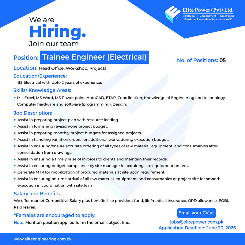 Elite Power Pvt Ltd Jobs Trainee Engineer (Electrical) 1