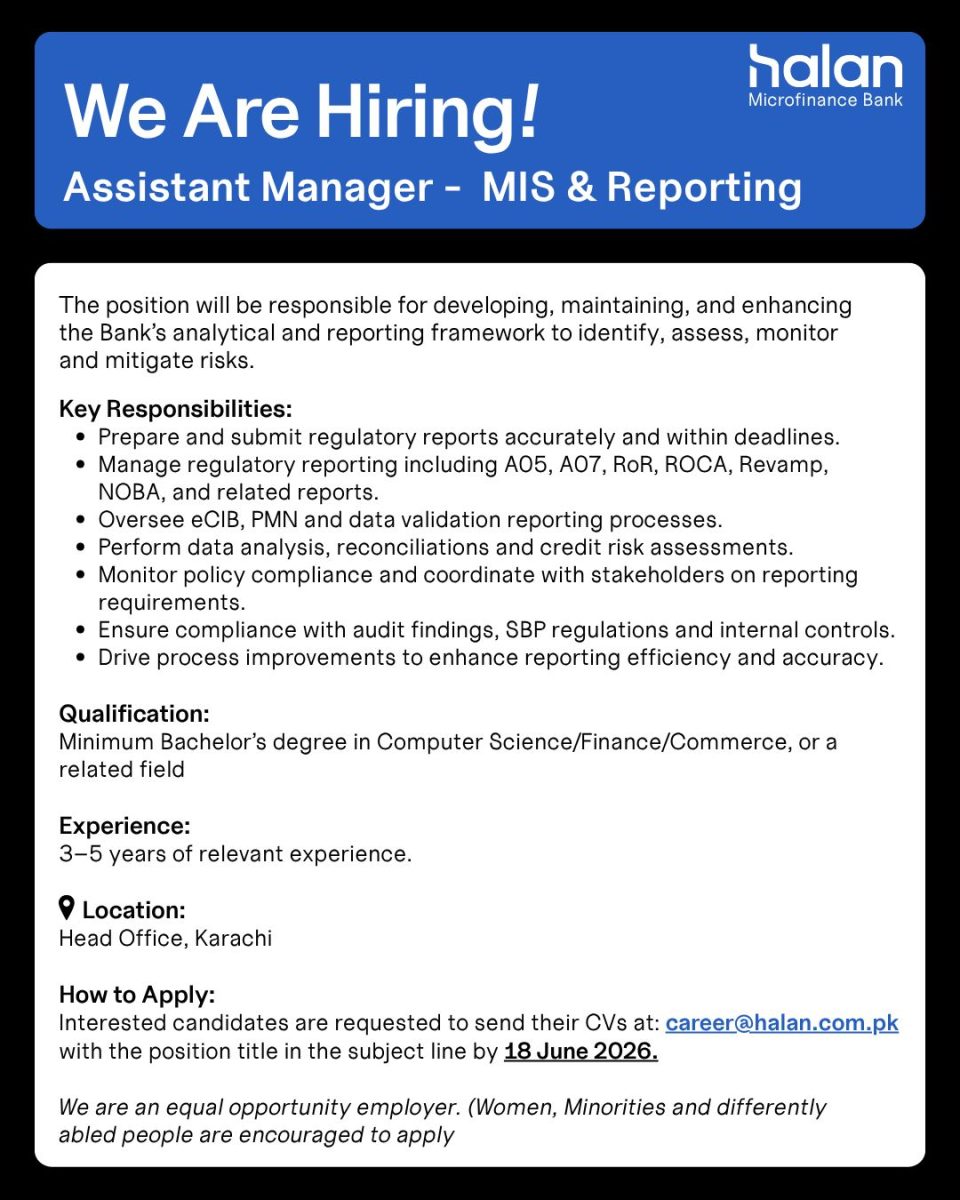 HALAN Microfinance Bank Jobs Assistant Manager MIS & Reporting  1