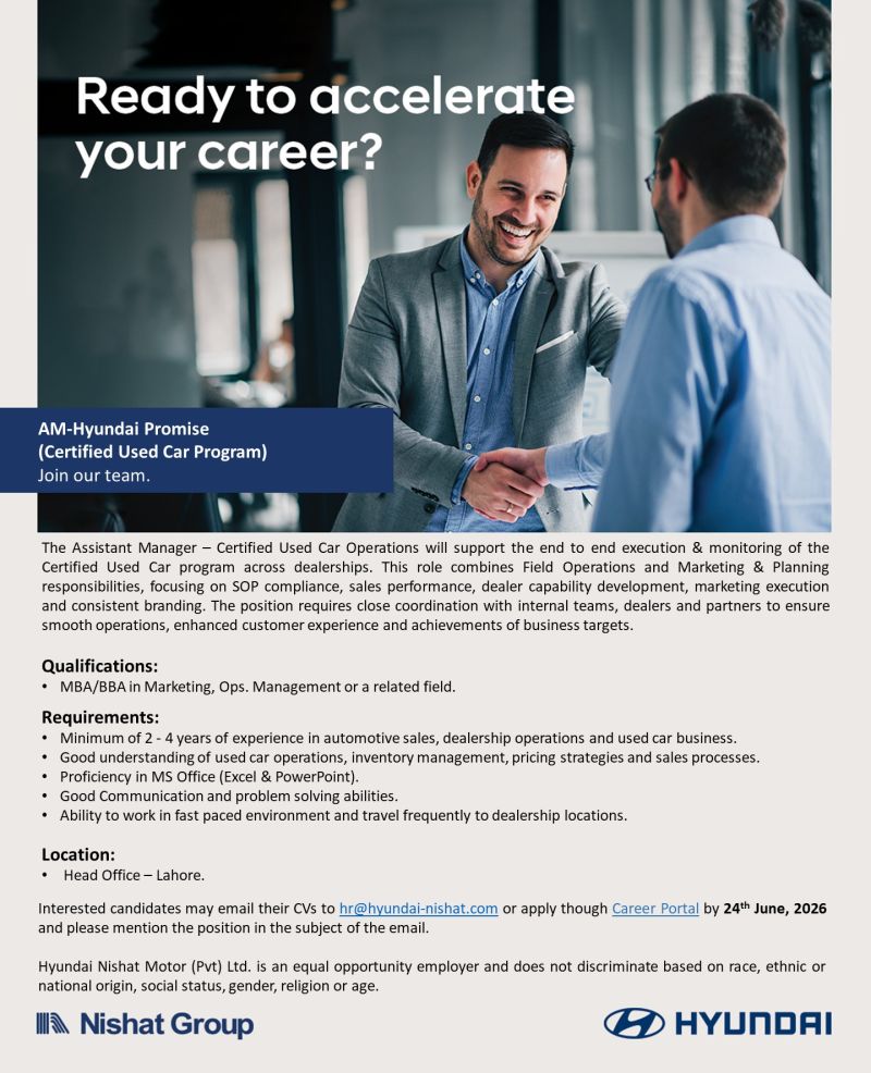 Hyundai Nishat Motor Pvt Ltd Jobs Assistant Manager Certified Used Car Operations 1