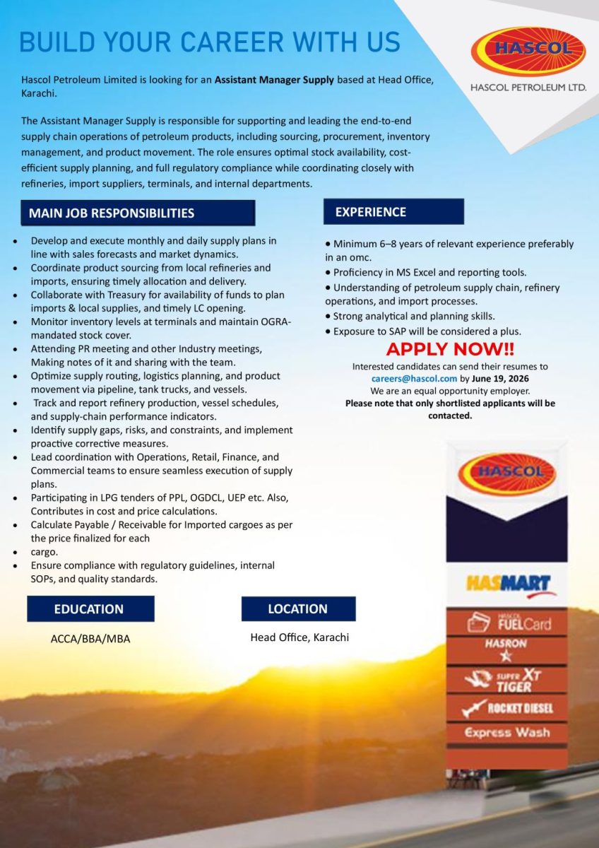 Hascol Petroleum Limited Jobs Assistant Manager Supply 1