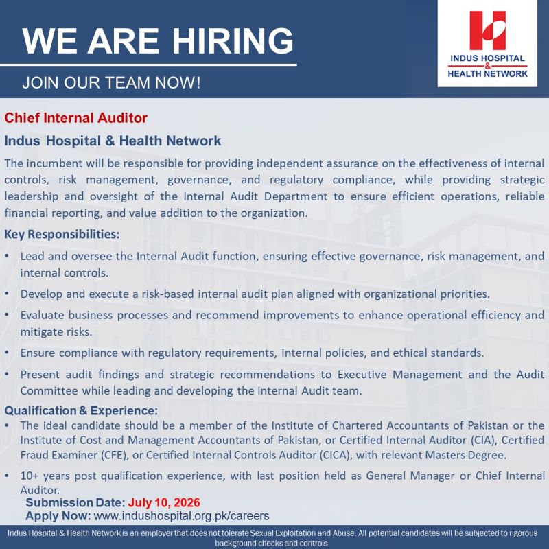 Indus Hospital & Health Network Jobs Chief Internal Auditor 1