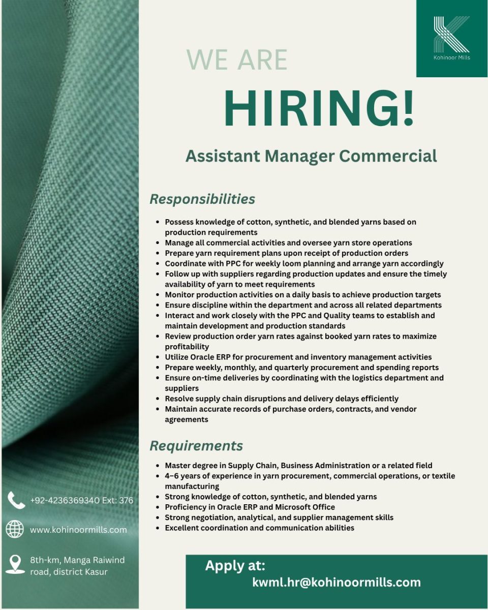 Kohinoor Mills Limited Jobs Assistant Manager Commercial 1