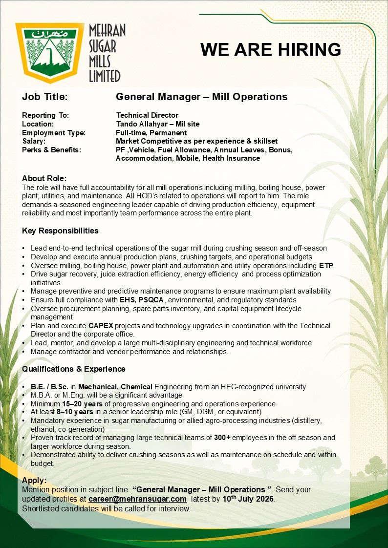 Mehran Sugar Mills Limited Jobs June 2026 1