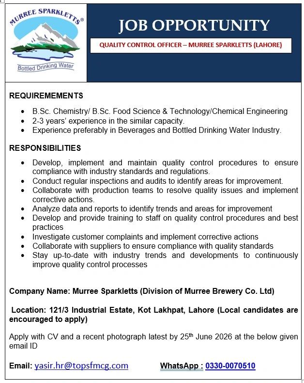 Murree Sparkletts Jobs Quality Control Officer 1