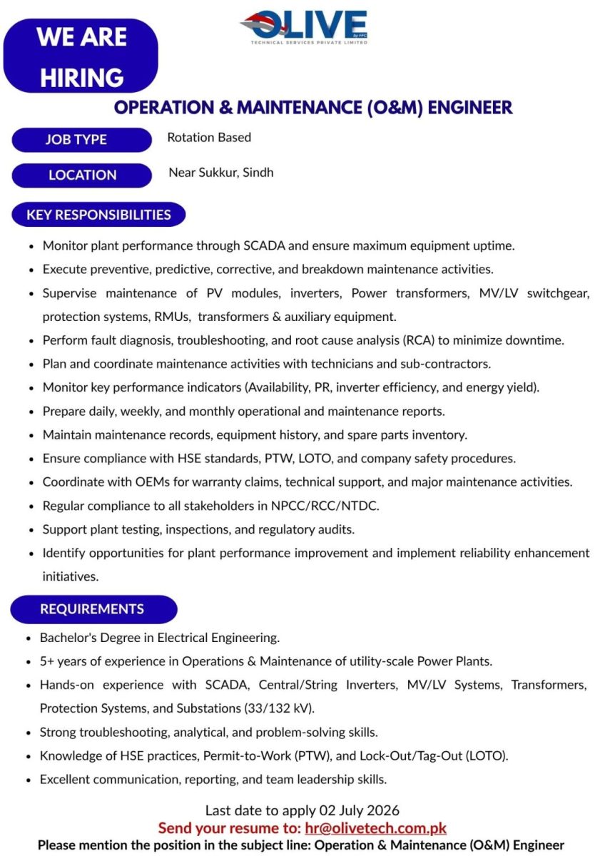 Olive Technical Services Pvt Ltd Jobs Operation & Maintenance (O&M) Engineer 1