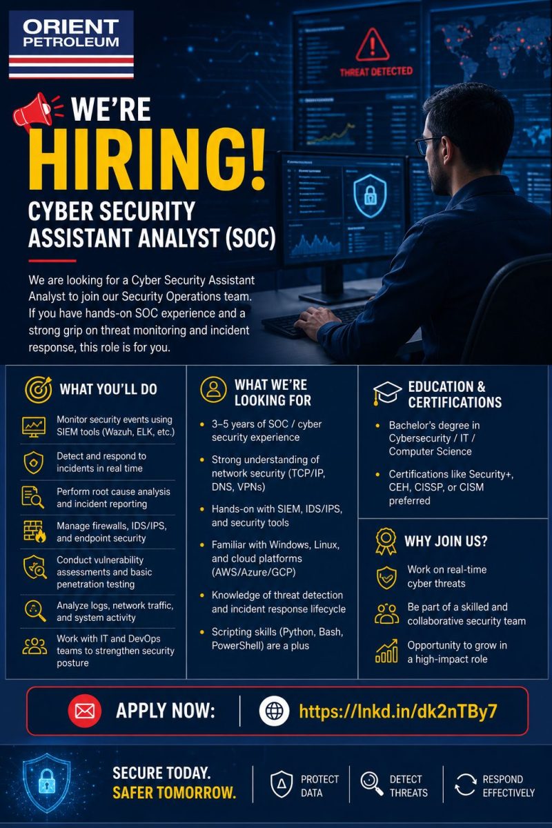 Orient Petroleum Inc Jobs Cyber Security Assistant Analyst (SOC) 1