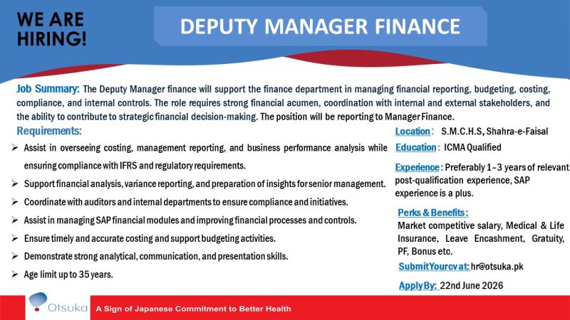 Otsuka Pakistan Limited Jobs Deputy Manager Finance 1
