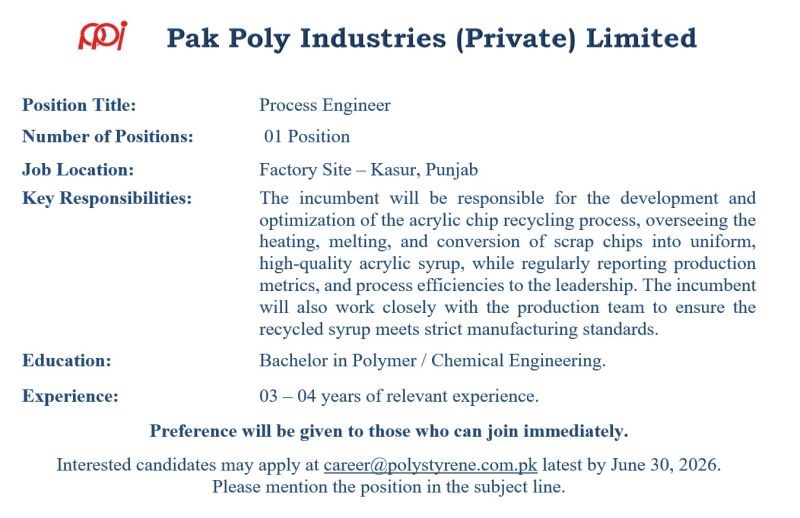 Pak Poly Industries Pvt Ltd Jobs Process Engineer 1