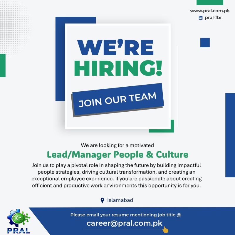 Pakistan Revenue Automation (Pvt) Ltd PRAL Jobs Lead/Manager People & Culture 1
