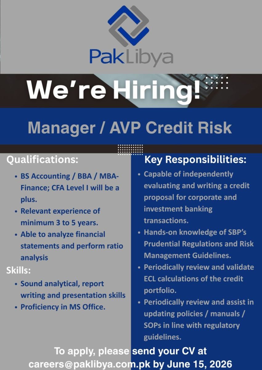 Pak Liya Holding Company Pvt Ltd Jobs Manager / AVP Credit Risk 1