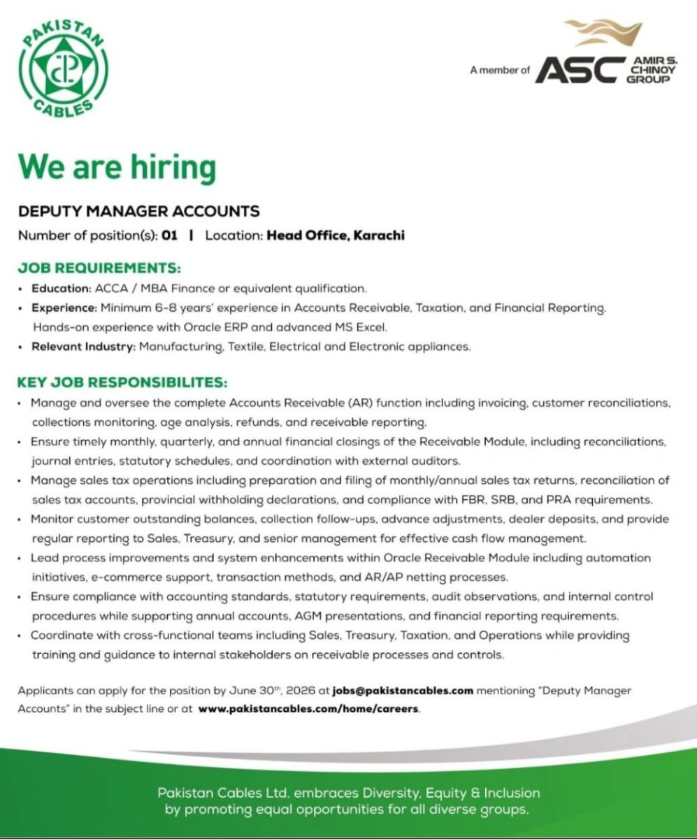 Pakistan Cables Limited Jobs Deputy Manager Accounts  1