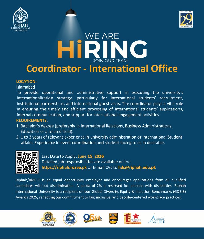 Riphah International University Jobs Coordinator International Office 1