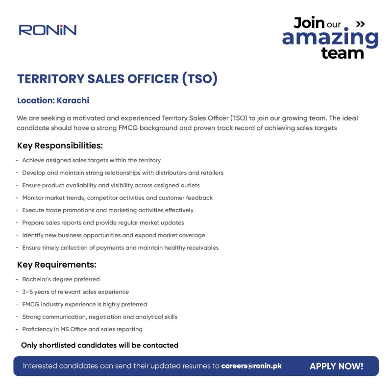 Ronin Pakistan Jobs Territory Sales Officer TSO 1