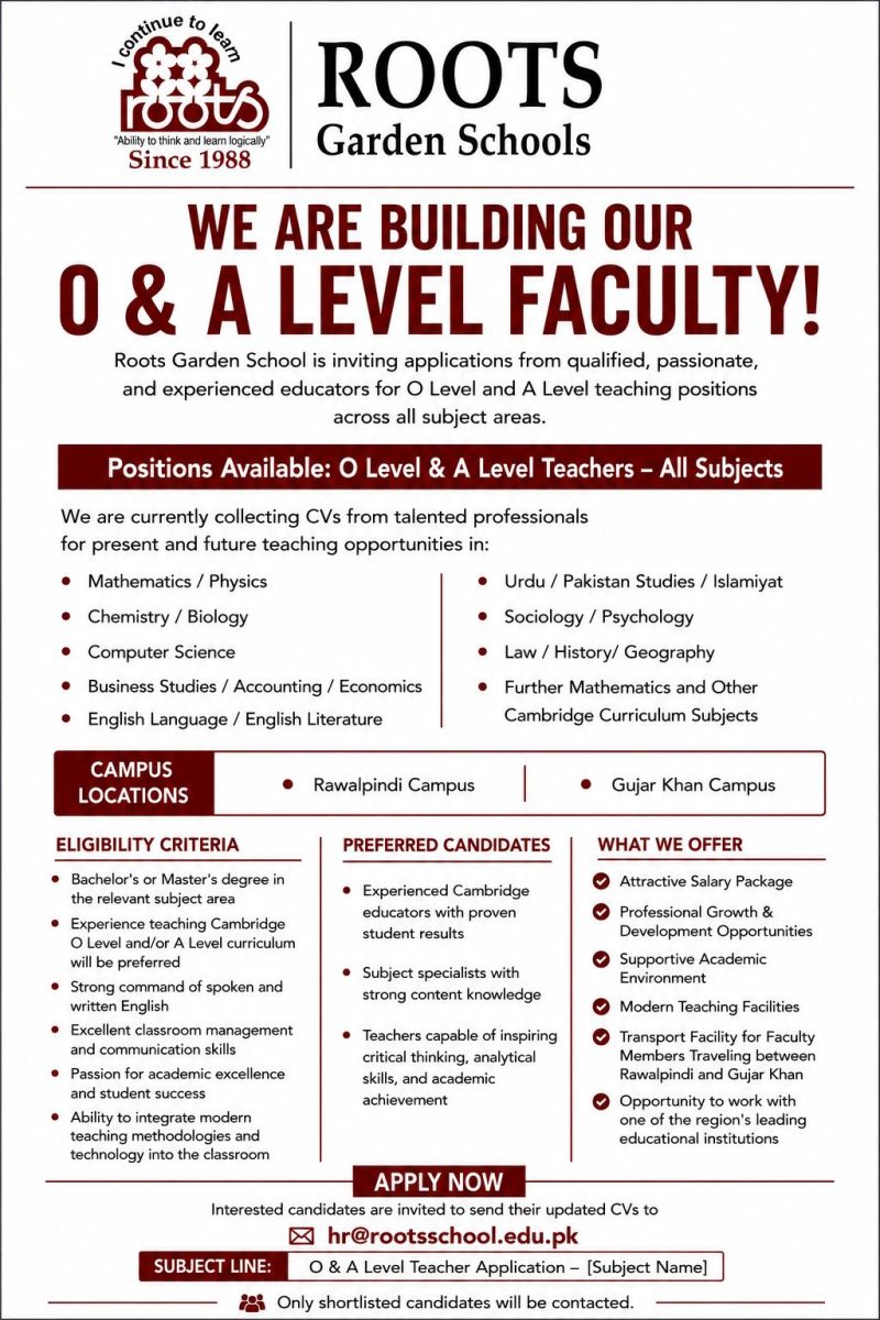 Roots Garden School Jobs O Level & A Level Teachers All Subjects 1