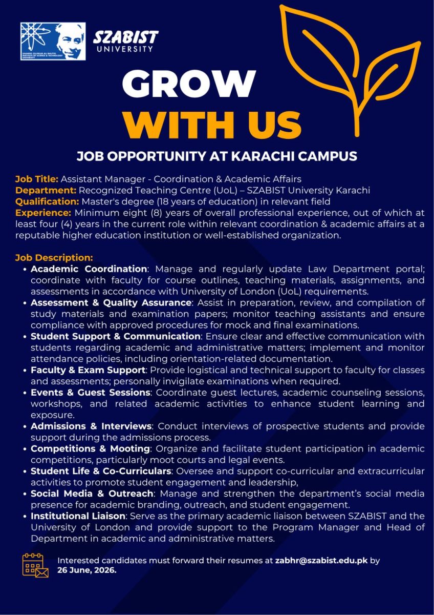 SZABIST University Jobs Assistant Manager Coordination & Academic Affairs 1