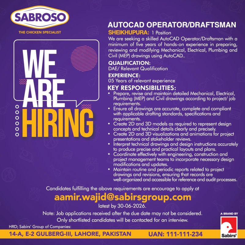 Sabroso Pakistan Jobs AutoCAD Operator / Draftsman 1